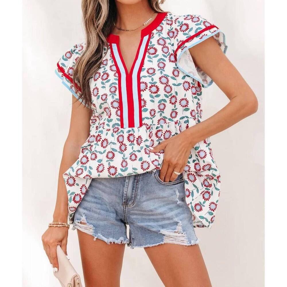 NEW AAPPARELLA floral contrast trim v neck ruffle blouse in red
